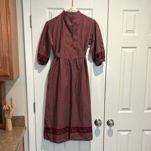Vintage 70s Midi Shirt Dress Burgundy Patterned Midi Dress - Size 12